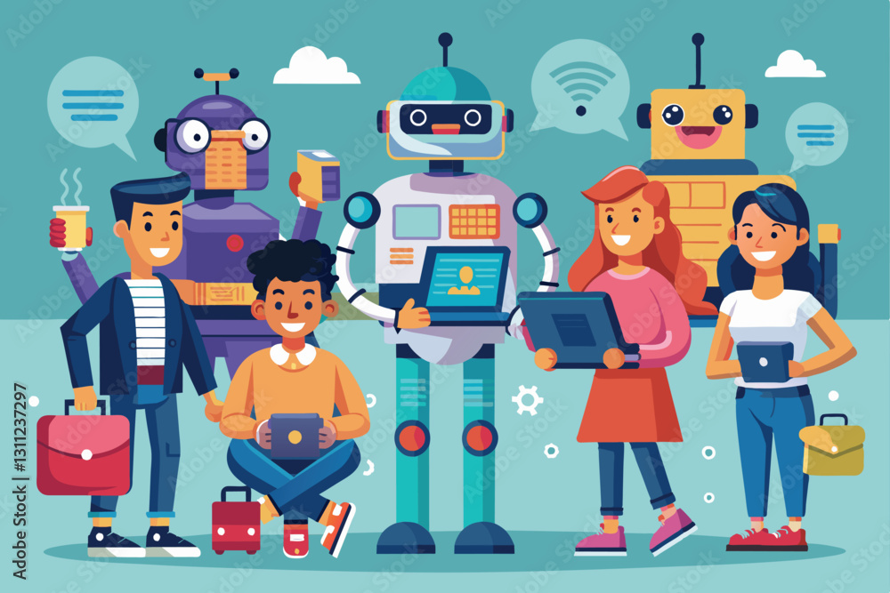 Poster a group of individuals interacts with customizable cartoon robots while using various devices, peopl