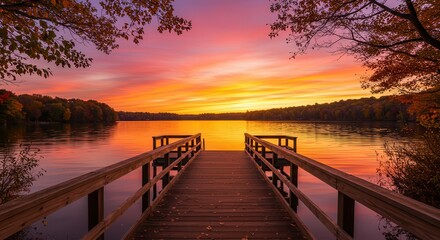 Fototapeta premium Wooden Pier Leading to Lake at Colorful Sunset in Autumn