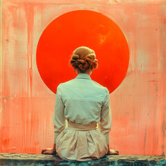 Fototapeta premium The back of a woman in an elegant posture framed against a large sun, this striking image highlights themes of solitude and contemplation.