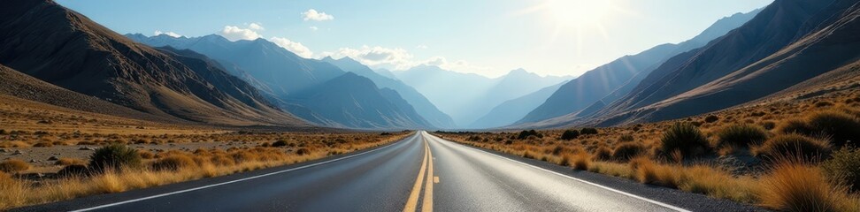 Naklejka premium Empty asphalt road curves through majestic mountains , winding, adventure