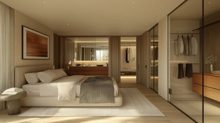 Fototapeta premium Modern bedroom suite with ensuite bathroom and walk-in closet