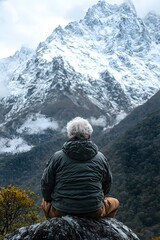 Fototapeta premium Senior tourist enjoying breathtaking mountain views during a tranquil hike. Generative AI