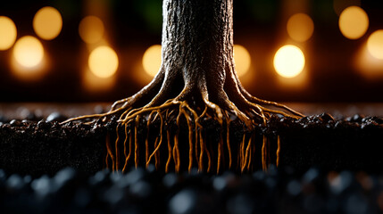 Intricate Close-Up of Tree Roots Emerging from Dark Soil Against a Softly Lit Background with Glowing Bokeh Elements
