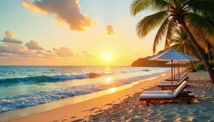 Golden hour beach scene, affluent summer holiday, vacation, leisure, sky