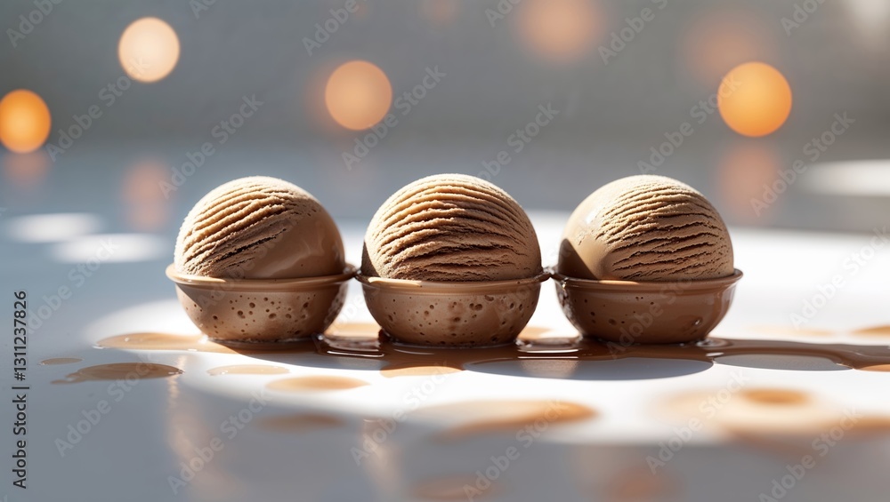 Poster chocolate ice cream scoops on a white surface with a soft glowing background creating a delightful d