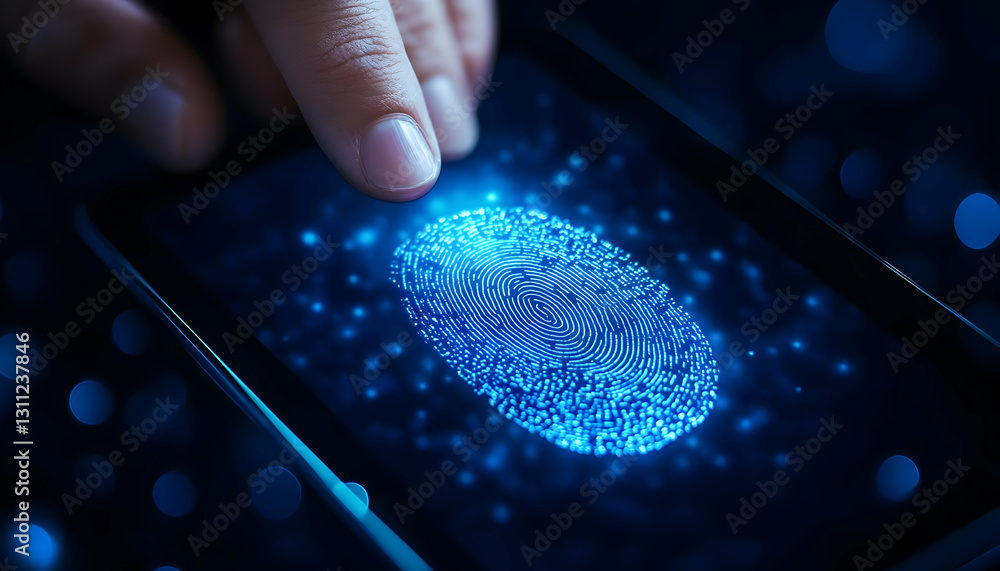 Poster a close-up view of a fingerprint scanner on a smartphone, showcasing modern technology and biometric