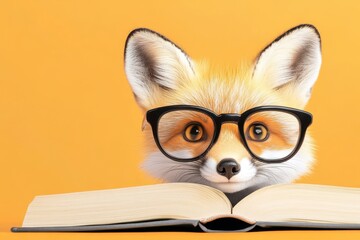 Obraz premium Eager Fox With Glasses Peering Into An Open Book