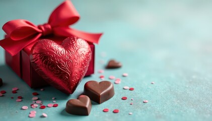 Heart-shaped chocolates, red foil wrappers, ribbon , confectionery, valentines day