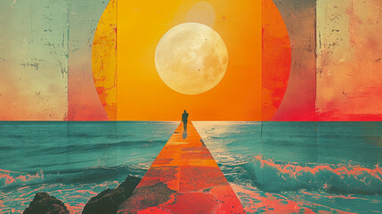 An enigmatic image capturing a figure walking towards a glowing moonlit sea, symbolizing journey and self-discovery in an abstract realm.