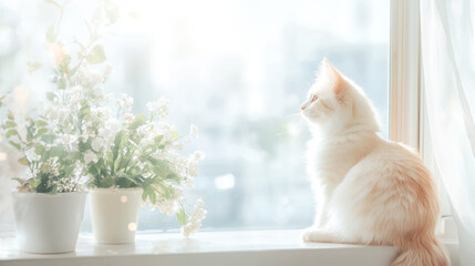 Fluffy cat sitting on sunlit window sill with white flowers in soft focus