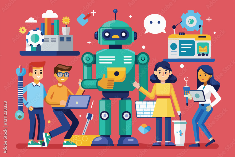 Poster a group of individuals collaborates around a customizable robot in a vibrant workspace setting, peop