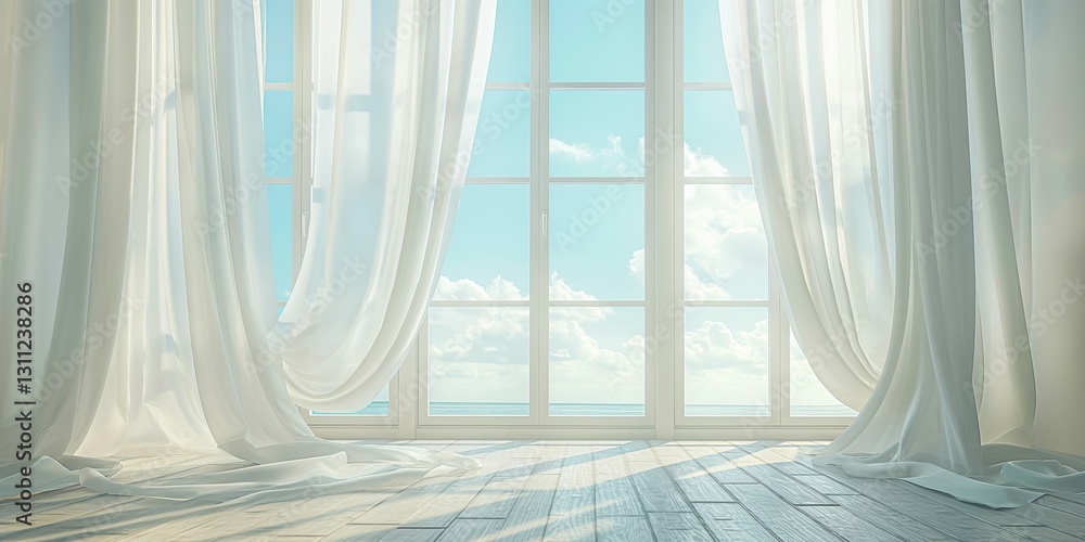 Poster a serene view of a bright room with flowing white curtains gently swaying by an open window, invitin