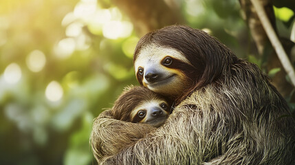 Fototapeta premium mother sloth cradles her baby in lush forest setting