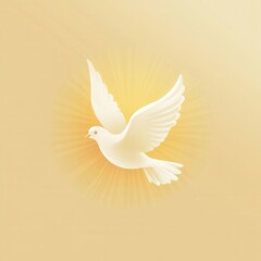 Fototapeta premium Minimalist design of a white dove soaring against a soft golden sun, symbolizing peace and hope in serene surroundings