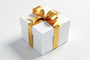 Obraz premium Luxury white gift box, golden ribbon bow on pure white background , clean, studio