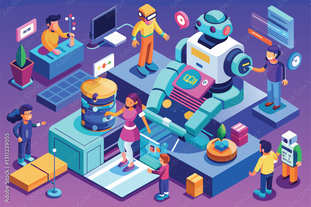 Poster individuals are engaging with customizable robots in an innovative workspace designed for creativity