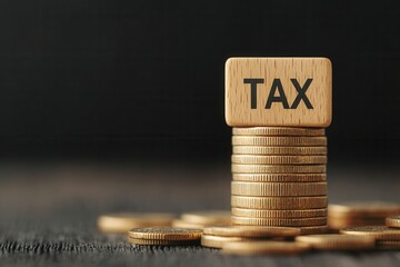 Wooden block with the word  Tax  on a pile of gold coins representing the financial and economic concept of taxes fees payments and government revenue