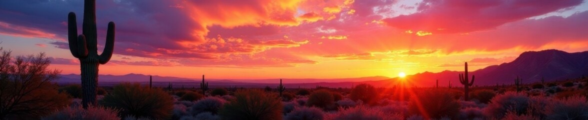 Fototapeta premium Towering saguaro against vibrant sunset in Arizona's Sonoran Desert, travel, cactus, sun