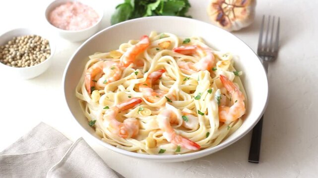 Linguine pasta in creamy garlic sauce with shrimps. Italian food.