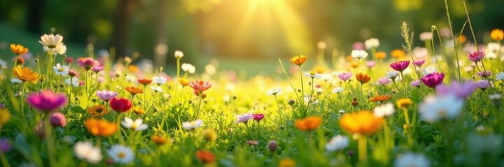 Obraz premium Wildflower carpet, gentle breeze, soft sunlight, peaceful, landscape