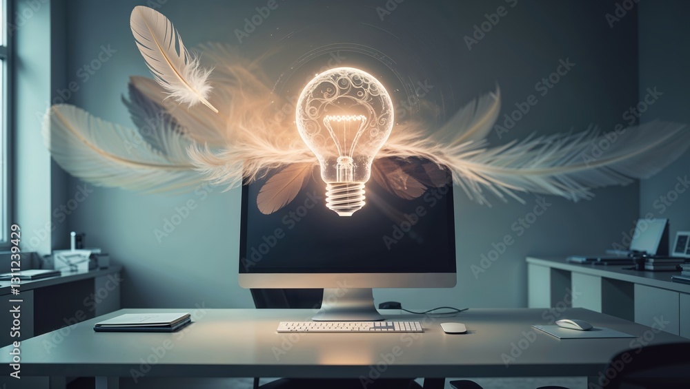 Poster bright idea emerging from a computer in a modern office setting with wisps of feathers in the air