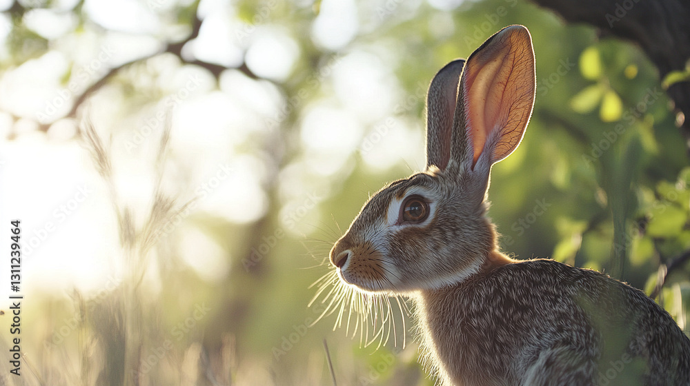 Poster rabbit with upright ears in sunlit forest setting