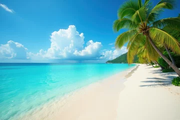 Papier peint photo  Azure waters lap pristine white sand, lush palms sway gently , beach scene, south pacific  © Pat