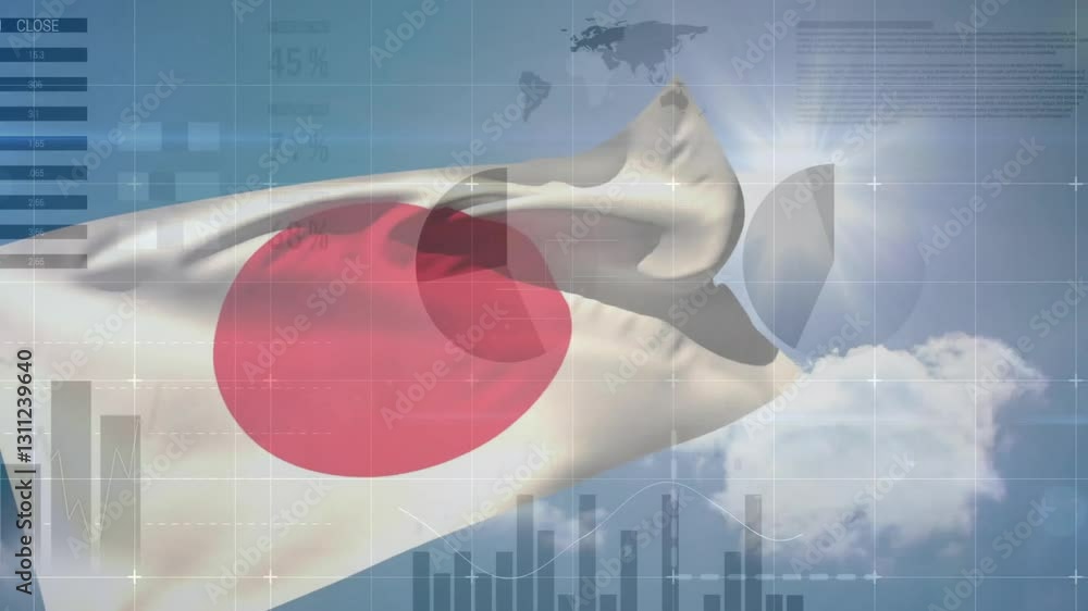 Poster waving japanese flag over world map with digital graphs in animation style