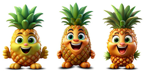 Cartoon character of a smiling pineapple fruit with feet, hands and big eyes and thumbs up. Isolated on white or transparent background, collection and variation. Png. Generative Ai.