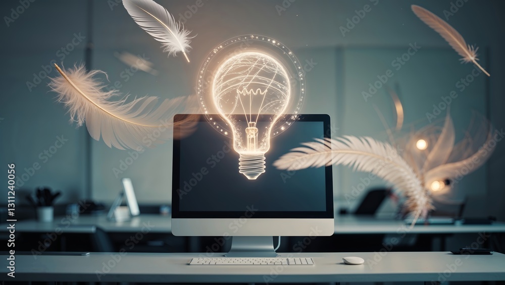 Poster creative ideas emerge from workspace with glowing light bulb above computer and drifting feathers