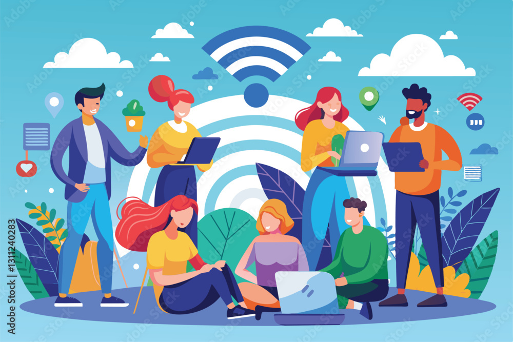 Poster a diverse group of individuals engage with laptops and smartphones while enjoying a collaborative en