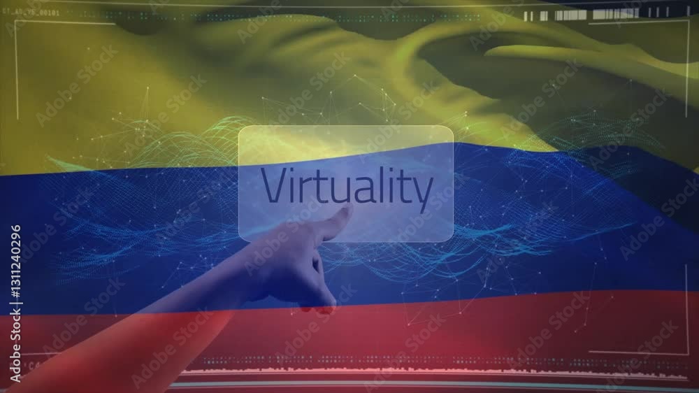 Poster pointing at virtuality text with colombian flag and digital network animation