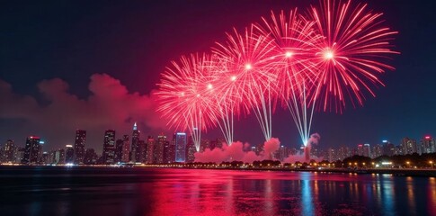 Naklejka premium Crimson fireworks explode over city, illuminating skyscrapers, architecture, dynamic
