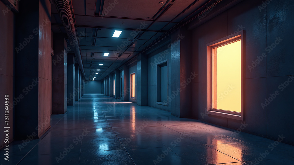 Poster futuristic rendering empty dark corridor shows glowing side window vivid