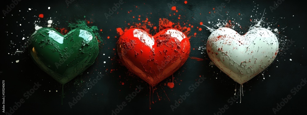 Poster three colorful hearts symbolizing love and unity with splashes of paint on a dark background