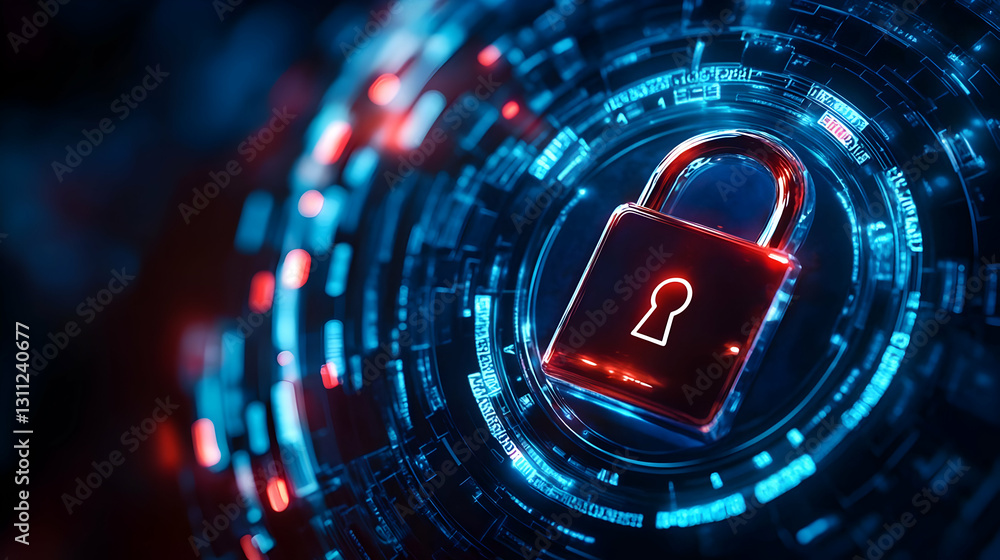 Poster a digital padlock surrounded by glowing data streams represents cybersecurity and data protection in