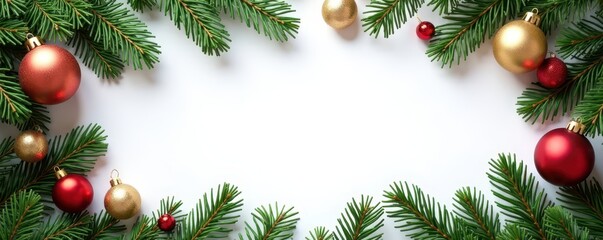 Elegant fir branches & ornaments frame white space , pine, branches
