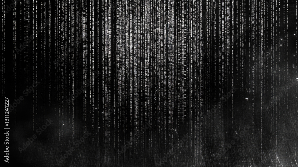 Wall mural digital matrix code falling on black background