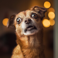 A small dog with wide eyes and a slightly open mouth looks surprised. Its expression conveys shock, curiosity, and excitement.