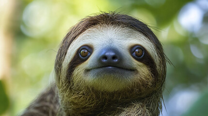 Fototapeta premium Close up of smiling sloth with perked ears in lush green background