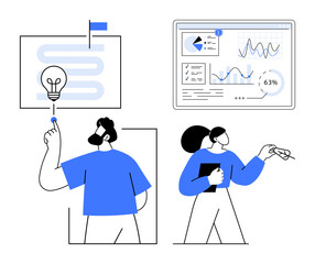 Figures collaborate on innovation process. Includes analytics chart, strategy path, and brainstorming. Ideal for teamwork, planning, analytics, brainstorming, problem-solving education innovation