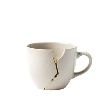 Broken White Ceramic Mug Isolated Black Background cup tea life worn still photo image damage coffee
