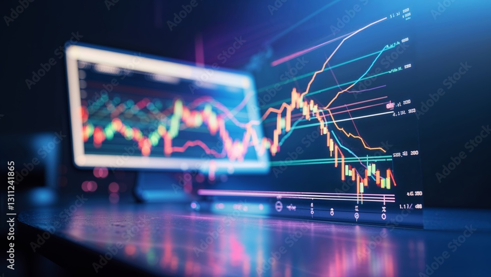 Poster financial data analysis in a modern workspace with advanced trading graphs illuminated at night