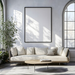 Frame mockup, ISO A paper size. Living room wall poster mockup. Interior mockup with house background. Modern interior design. 3D render