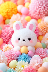 Obraz premium Fluffy Bunny Amidst Pastel Easter Eggs and Flowers