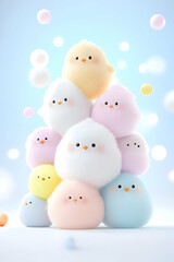Fluffy chicks stacking in a pyramid formation, soft white, bokeh light backdrop