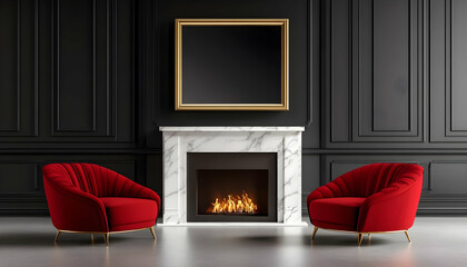 A luxurious interior featuring two red chairs and a marble fireplace, providing a cozy atmosphere with a modern touch.