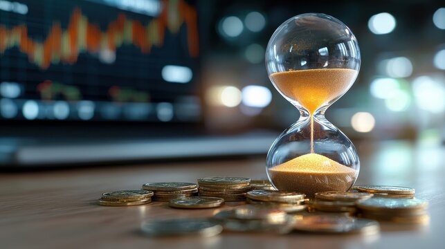 Time hourglass with financial data analytics and market charts on a wooden table  Concept of time management strategic planning investment decision and economic forecast - Powered by Adobe