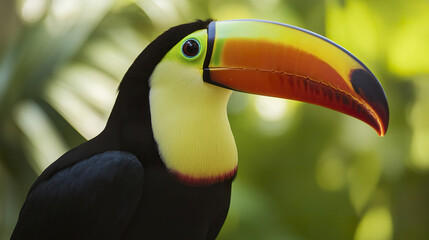 Majestic toucan with vibrant beak in lush green background