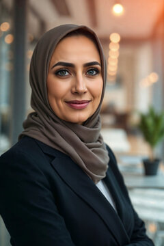 Mature Arab businesswoman from UAE. Portrait of Islamic business lady with covered head from Dubai, United Arab Emirates